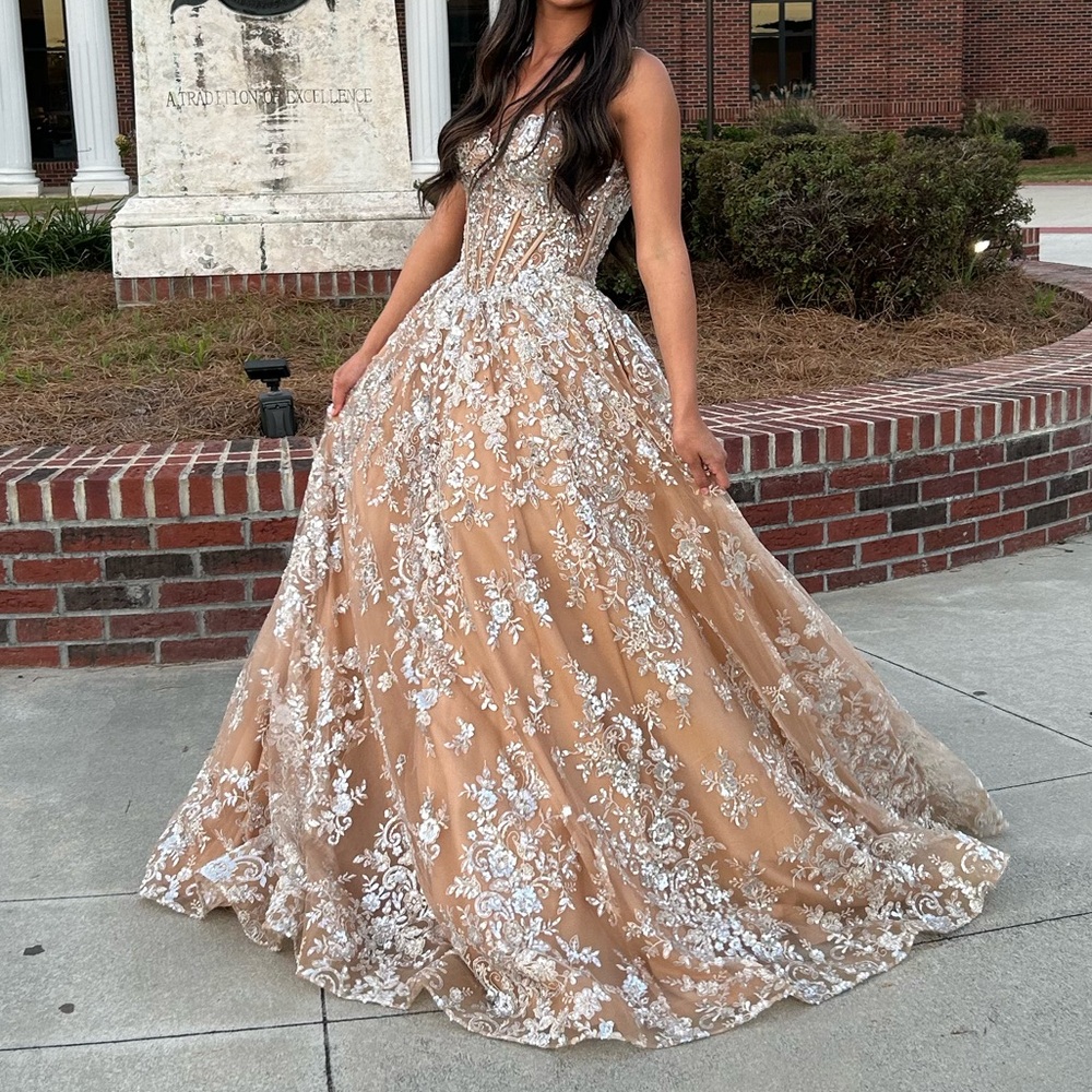 Sherri Hill Champagne Nude Ball Gown with Silver Lace Appliqué